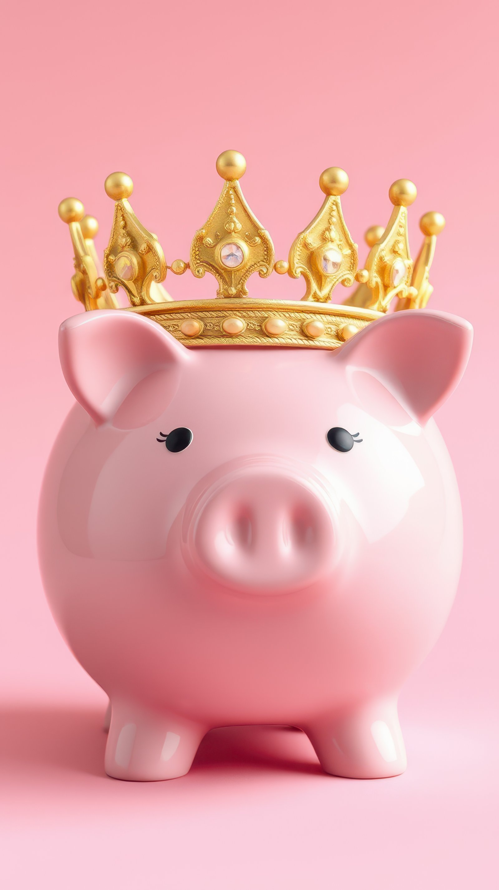 Cute pink piggy bank wearing a golden crown against a vibrant pink background